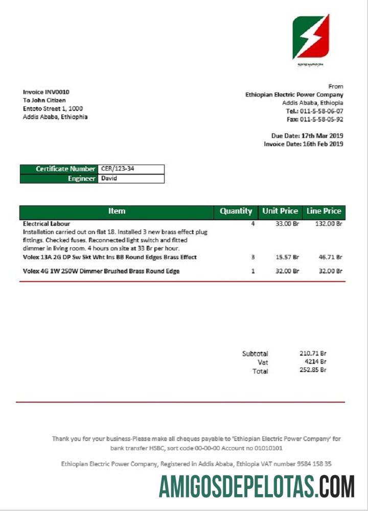 Etiópia Conta de serviços públicos de eletricidade da Companhia Etíope de Energia Elétrica amostra